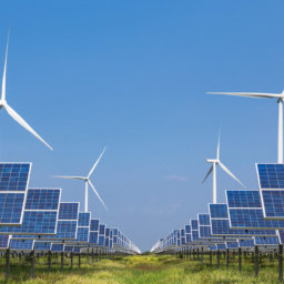 photovoltaics solar panel and wind turbines generating electricity in solar power station alternative energy from nature